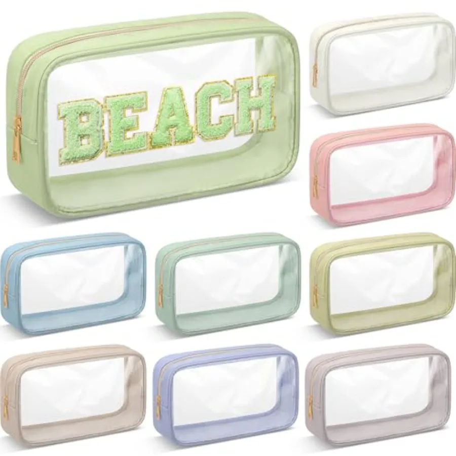 

9 Pcs Preppy Clear Makeup Bag DIY Chenille Letter Pouch Large Nylon Makeup Bag Travel Toiletry Zipper Cosmetic Organizer Pouch