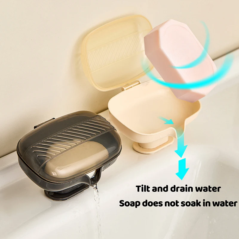 

Creative Sucker Soap Dish Holder With Lid Self-Draining Soap Tray Case Portable Soap Container Box For Bathroom Accessories