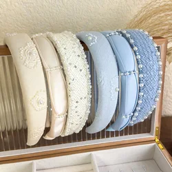 2025 Retro Rose Print Pearl Crystal Headband Women Elegant Hair Band Girl Sweet Beige Blue Hair Hoop Lady Party Hair Accessories