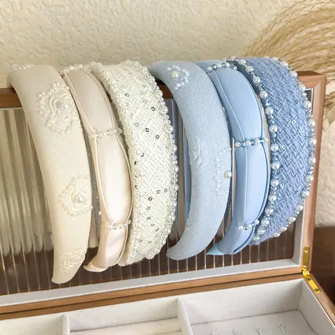 2025 Retro Rose Print Pearl Crystal Headband Women Elegant Hair Band Girl Sweet Beige Blue Hair Hoop Lady Party Hair Accessories