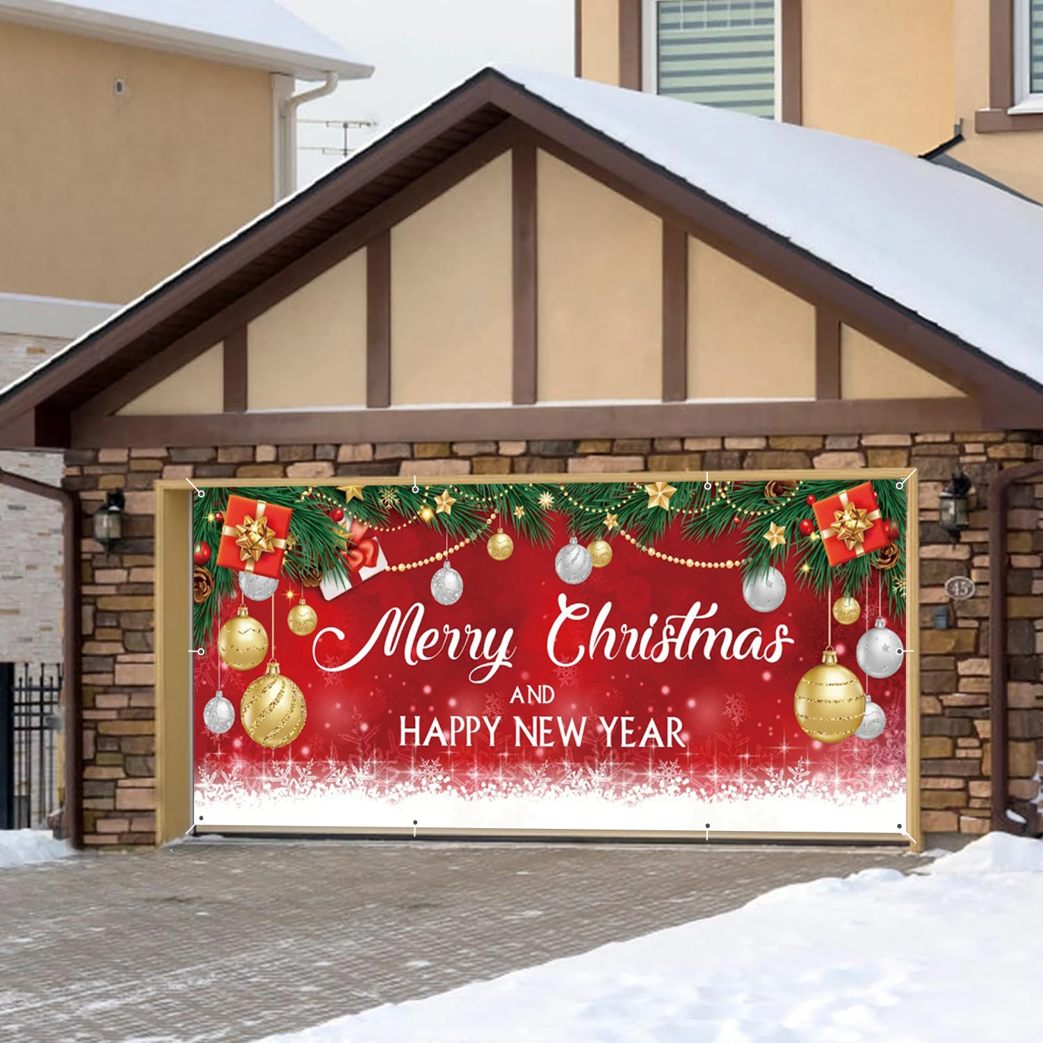 

Merry Christmas Garage Wall Background Banner Happy New Year Red Glitter Snowflake Bell Xmas Wreath Gift Decor Garage Door Frame