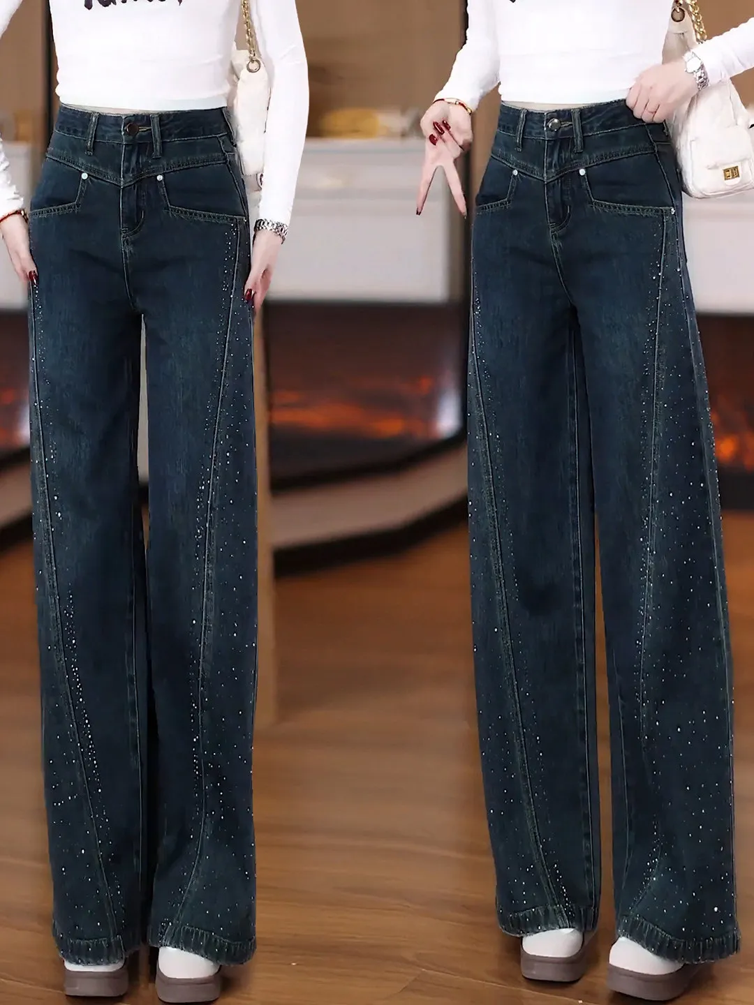 

Retro Blue Wide Leg Denim Jeans Women's Spring Autumn New Drill High Waist Large Foot Pants Straight Floor-Length Pants