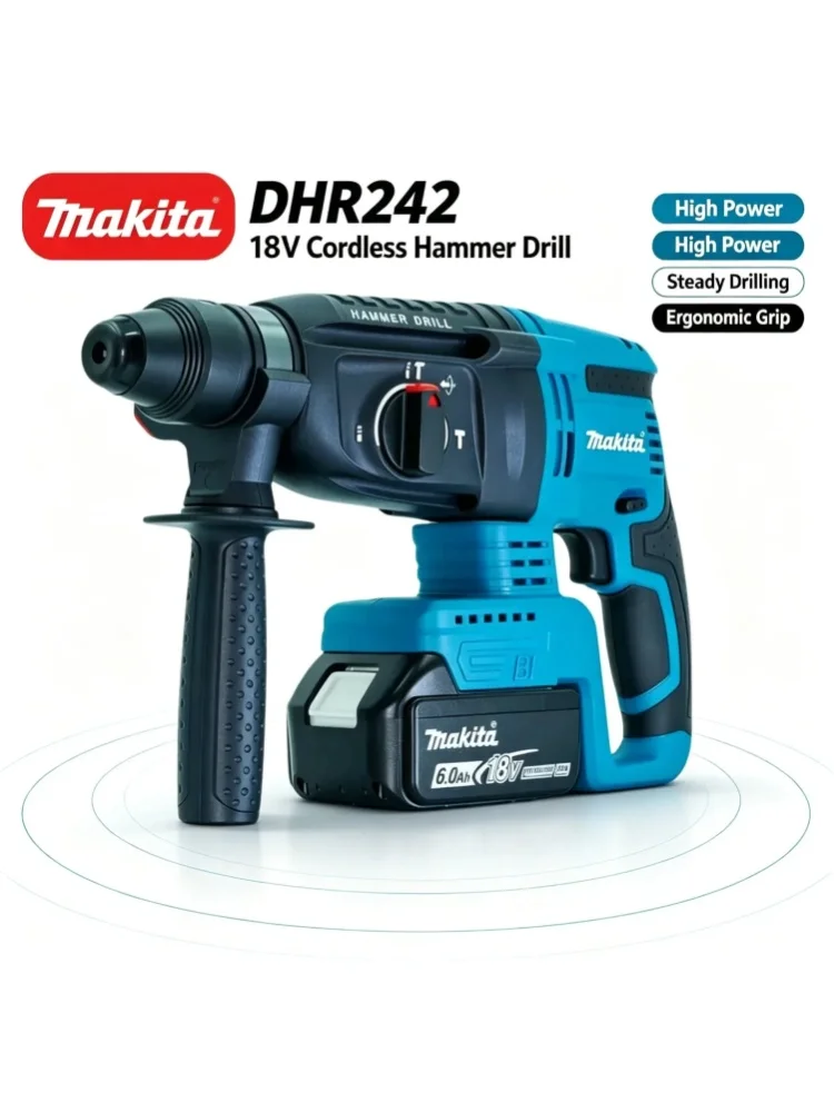 Makita DHR242 18V Akku-Bohrhammer mit bürstenlosem Motor, inklusive Makita 6,0 Ah Akku, 24 mm SDS-Plus, 3 Modi, 2,0 J Schlagkraft, professionelles Elektrowerkzeug für Beton, EU-Lager