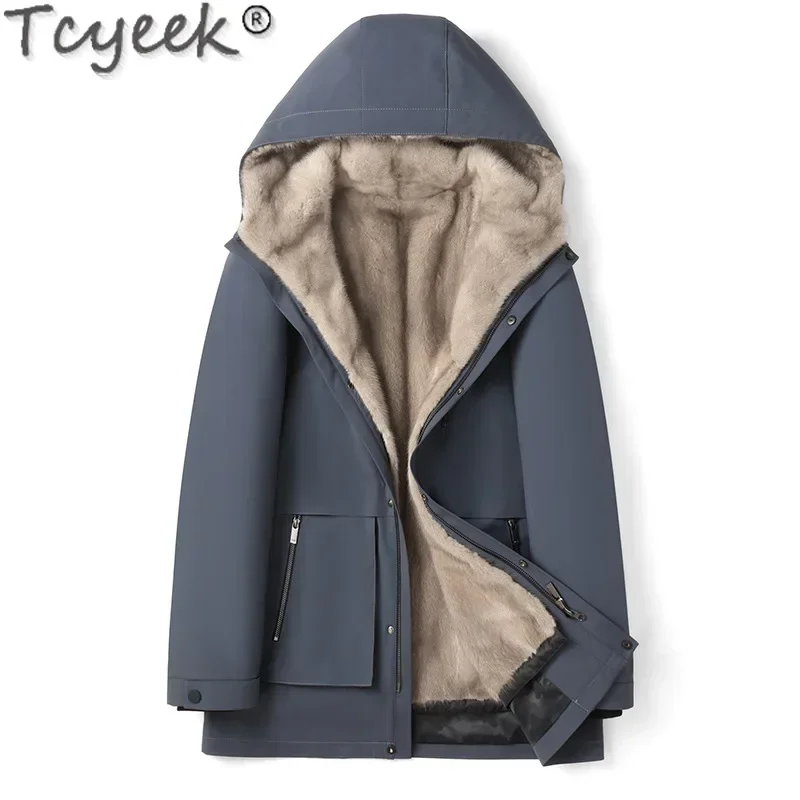 Tcyeek Natural Mink Fur Coat Men Winter Men's Parka Mid-length Jackets Warm Real Fur Coats Куртка Мужская 2024 Sliver Blue Mink