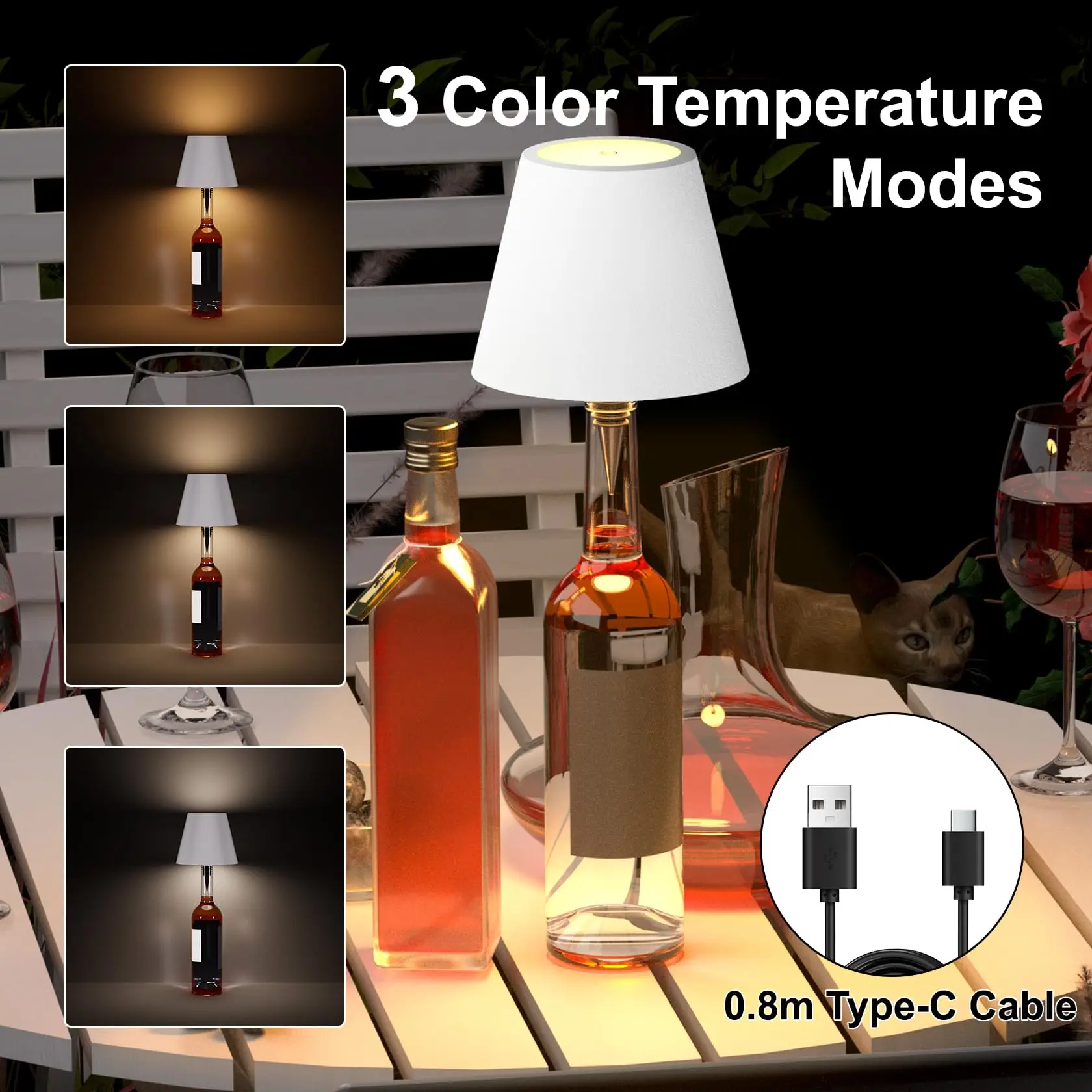 أضواء زجاجة النبيذ 3 ألوان USB غطاء مصباح زجاجة لاسلكي مع ضوء ستبليس يعتم أضواء LED لزجاجة الخمور القابلة لإعادة الشحن