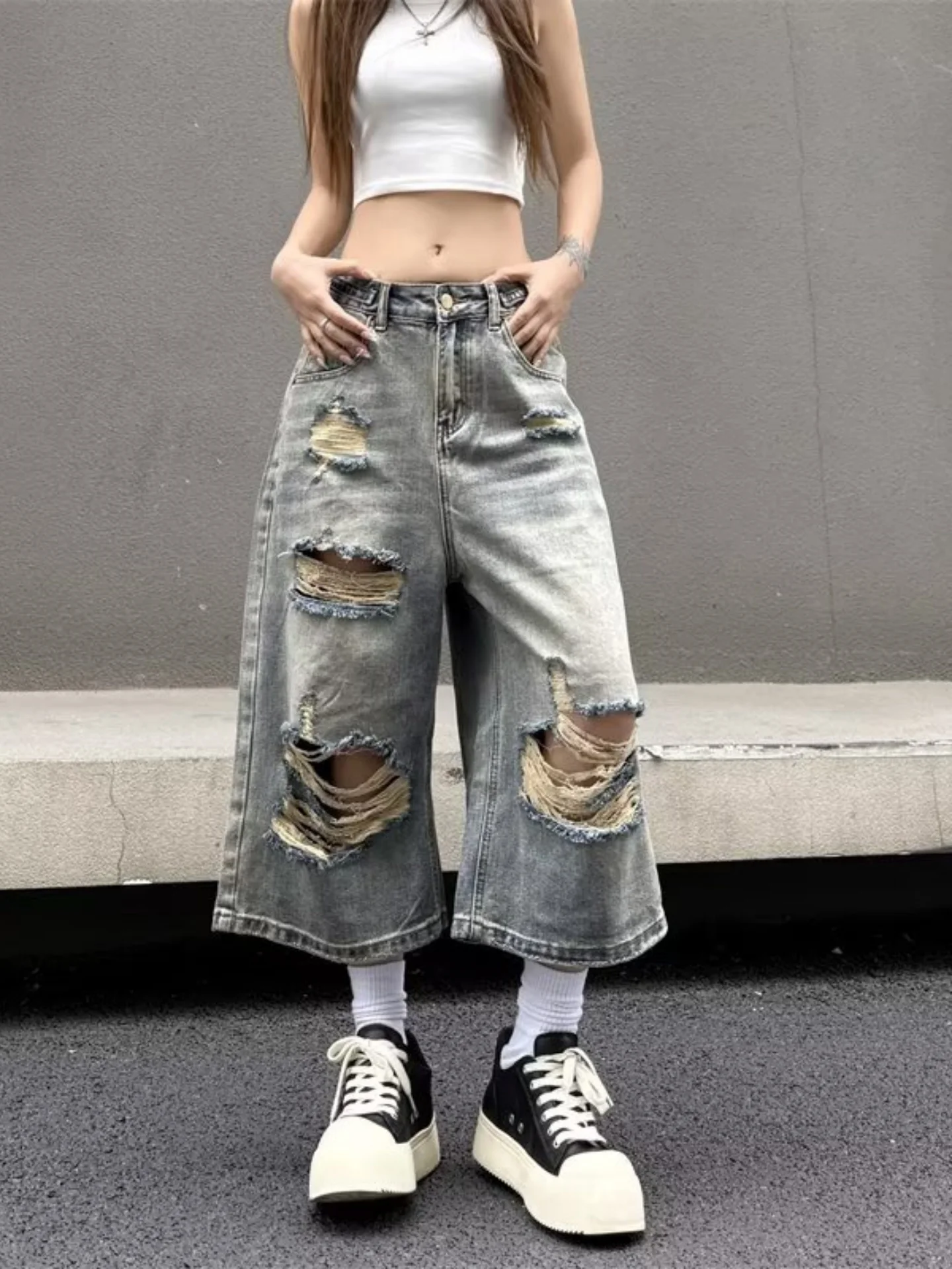 

American High Street Men's Street Style Vintage Denim Shorts Wide Leg Straight Cut Casual Shorts Youth Summer Fashion