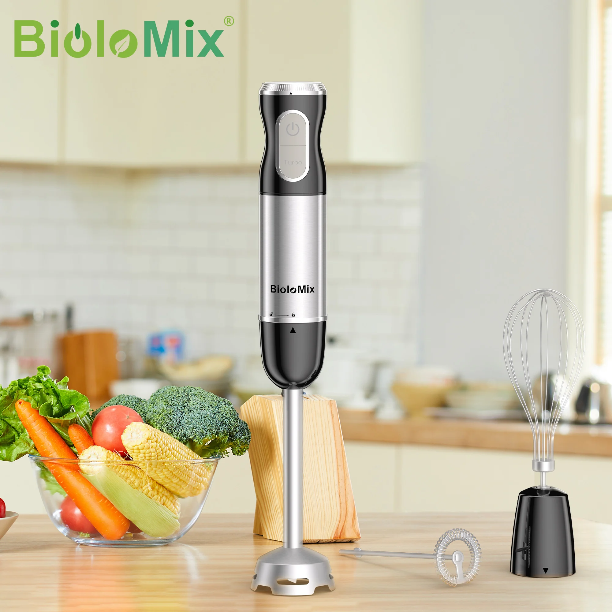 BioloMix Mélangeur plongeant 3 en 1, 1000 W, avec lame en acier inoxydable 304 pour smoothies, purée, aliments pour bébés, transformation des aliments