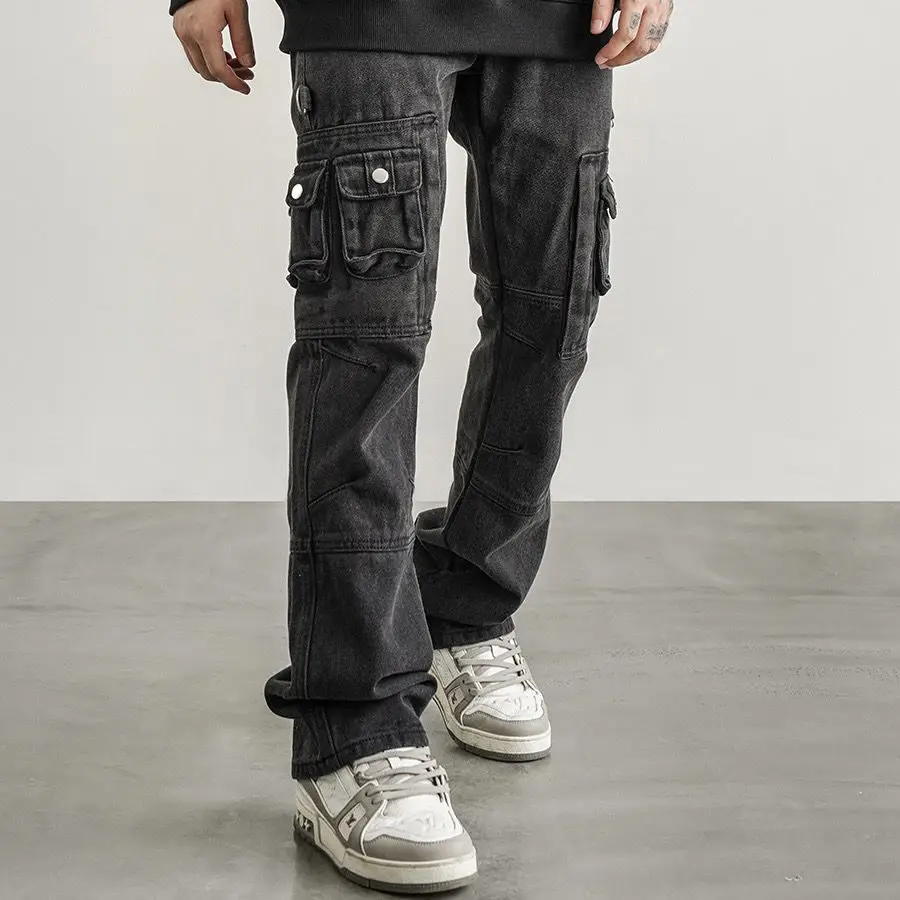 High Street Retro Multi Pocket Old Washable Workwear Pants for Men and Women High Street Loose Straight Tube Micro Flare Jeans