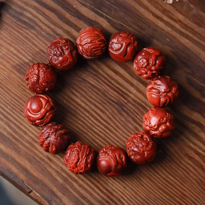 Natural Rosewood Bracelet Hand Carved Zodiac Bracelet Buddha Eighteen Arhats Bracelets Buddhist Buddha Prayer Bracelet