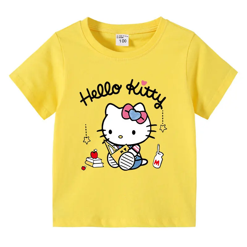 

Милая детская футболка с принтом Hello Kitty, модная футболка из чистого хлопка для родителей и детей, новая летняя модель, многоцветная, на выбор, топ