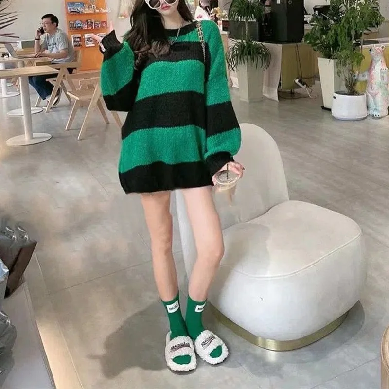 2023 Autumn and Winter Korean Edition Simple and Lazy Round Neck Stripe Print Long Sleeve Loose Relaxed Super Oversized Sweater