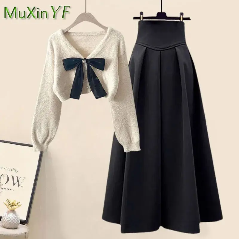 2024 Spring Autumn New in Matching Sets Women\'s Fashion Slim Bow Sweater+High Waist Skirt Two-piece Set Korean Chic Dress Suit