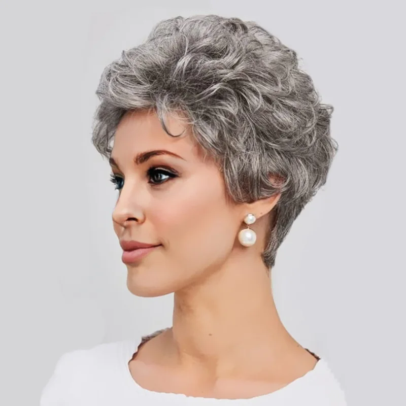 Hair Extensions Synthetic Grey Old Woman Cosplay Wigs Natural Breathable Head Cover Ladies Short Curl Wig Hat Performance Props