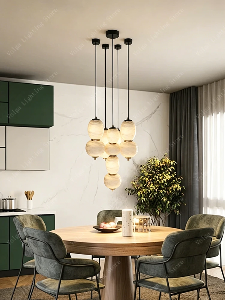 Chrome/ Gold Natural Alabaster Pendant Lights, Modern Creative Designer Marble Chandelier for Dining Room Bedside Kitchen Island
