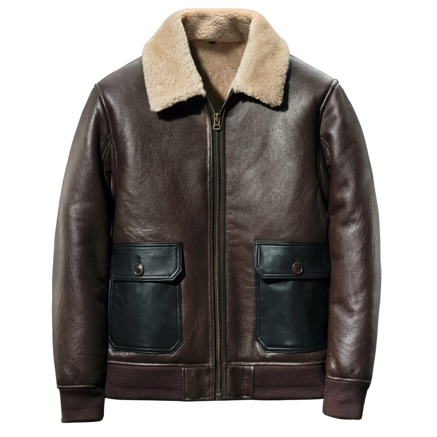 Black Winter Shearling Jacket Men Military Style Plus Size 5XL Genuine Natural Thick Sheepskin Turn-Down Collar Flight Coat