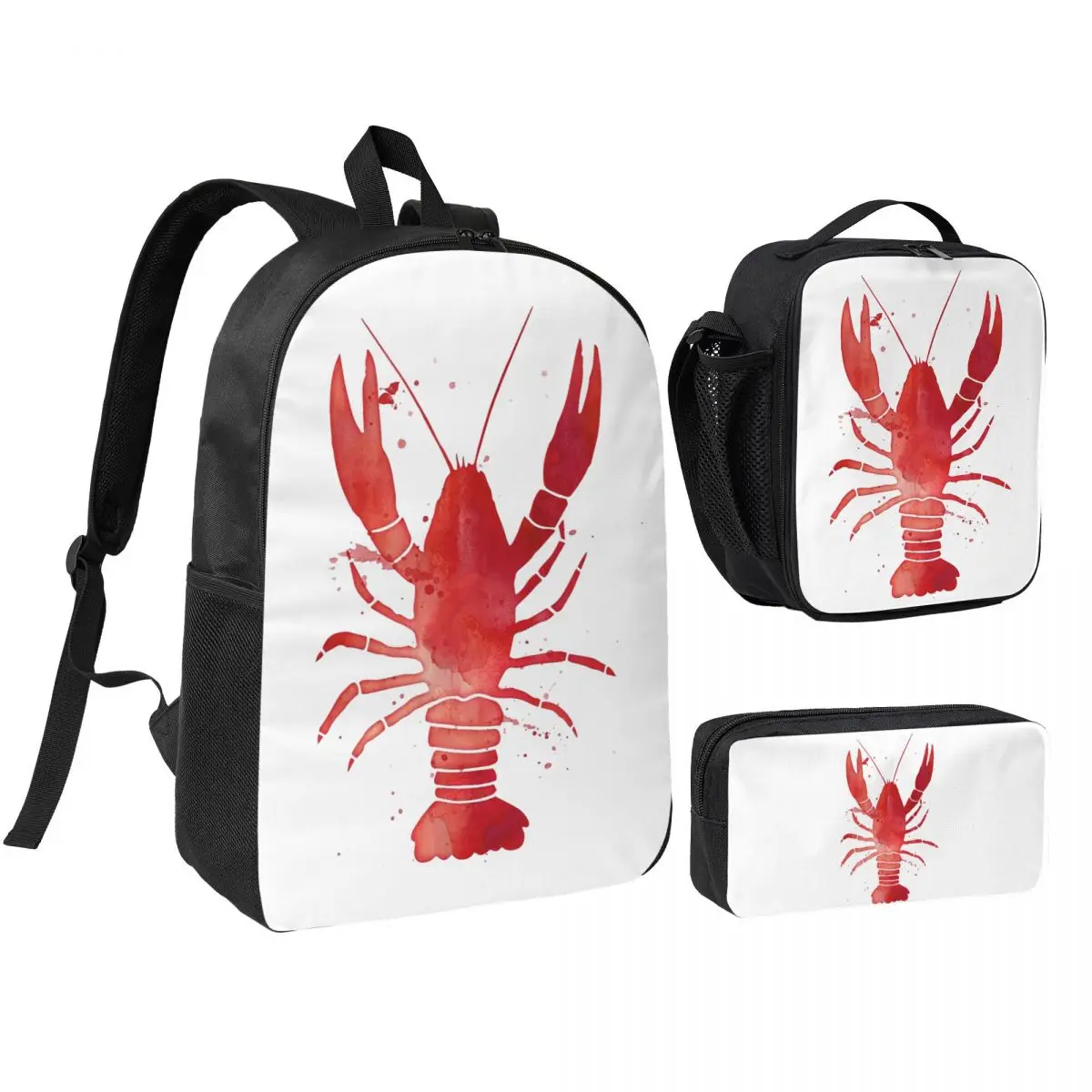 

Watercolor Red Lobster Backpack Student BookBag School Bag Shoulder Bags 3ps Insulated Lunch Bag Pencil Case