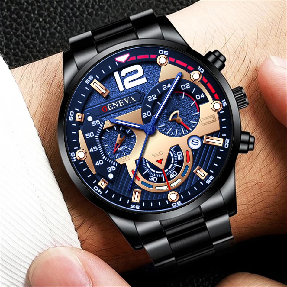 Fashion Men's Watches Stainless Steel Band Analog Quartz Wristwatch with Calendar