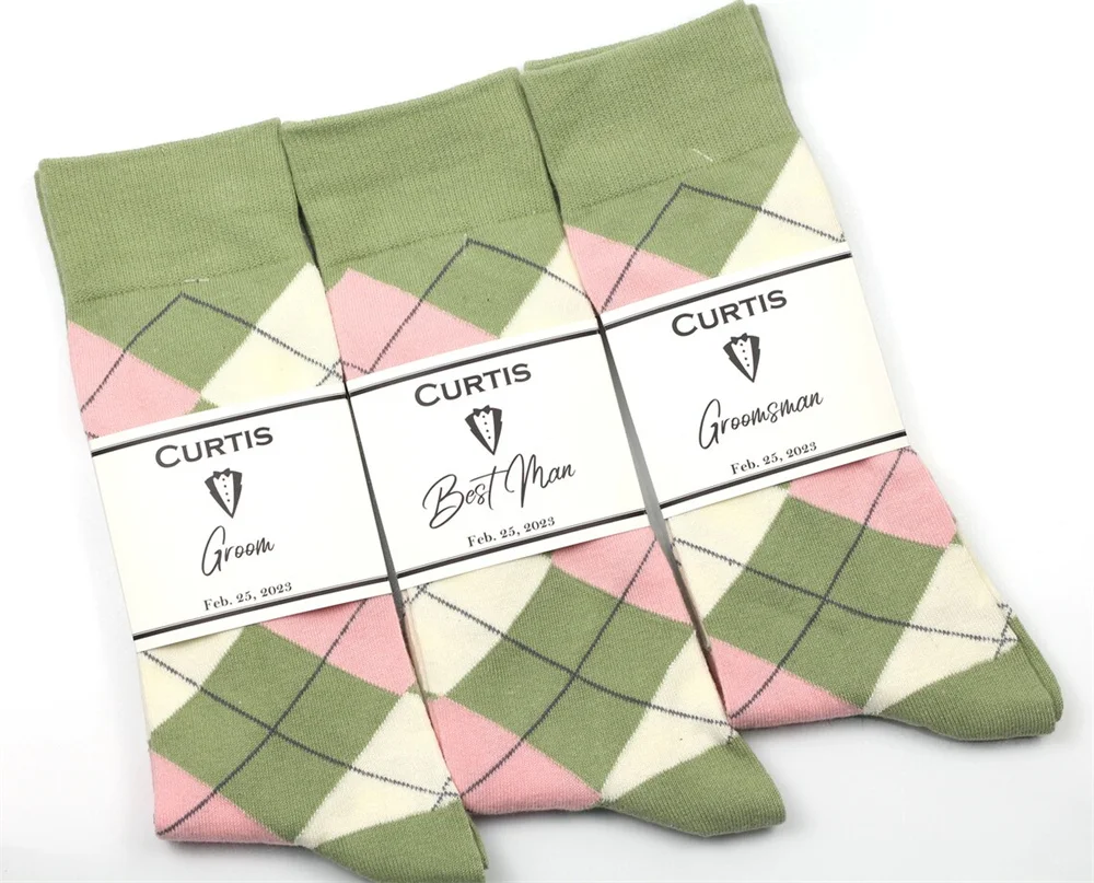 Groomsmen socks, Sage green, blush and Ivory argyle socks, Socks Labels, Personalized Groomsmen socks, Custom labels, Light gree