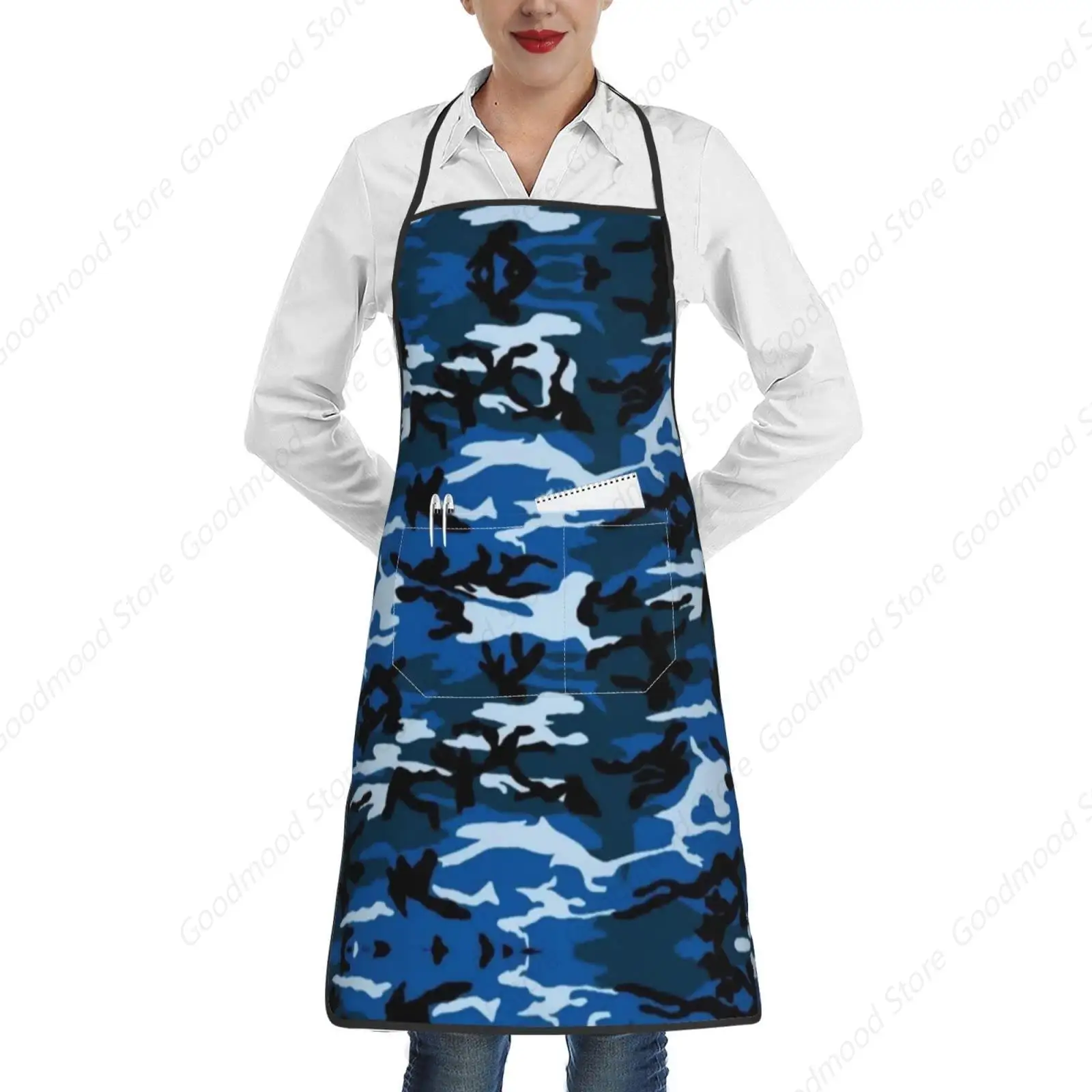 Blue Camo Print Waterproof Cooking Apron Men Women Apron Kitchen Aprons With Pockets Cooking Baking