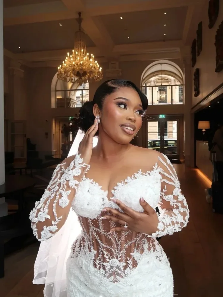 Custom Luxury White Mermaid Wedding Dress 2026 Lace Decal Beads Sexy V-neck Bride Dress African Women Transparent Sleeves Dress