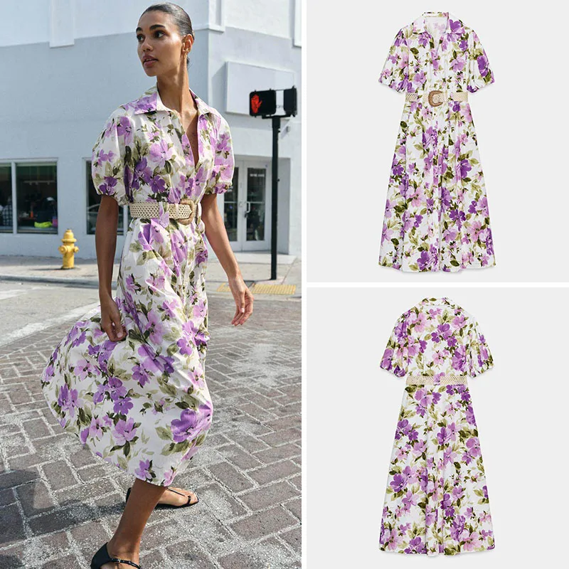 

Spring New Arrival Women's Floral Print Dress Waist-Cinching Belted Fashionable Retro Style Young Women's Clothing