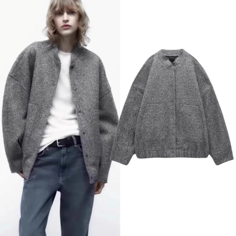 

Autumn 2025 Women's Mixed Fiber Stand Collar Loose Warm Pilot Jaet Coat Z Commute Sle Long Sve Pure Color