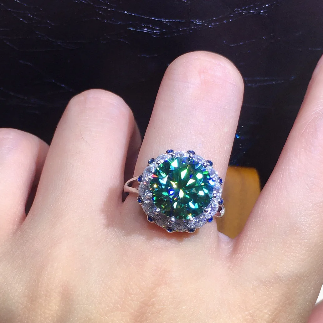 Luxury 3-carat Eight Heart Eight Arrow Plated PT950 Imitation Blue Green Moissanite Full Zirconia Open Ring For Women
