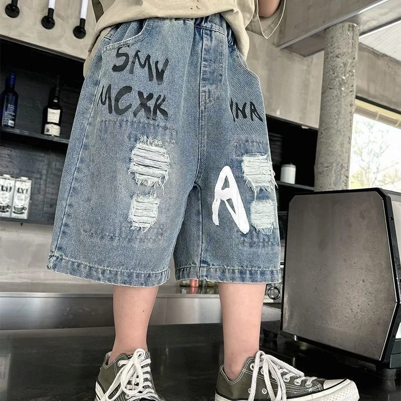 Junior Boys Shorts UNITIM Summer Hole Handsome Kids Boys Denim Shorts Loose Casual Young Teens Boys Shorts 3-12Yrs Boys Shorts