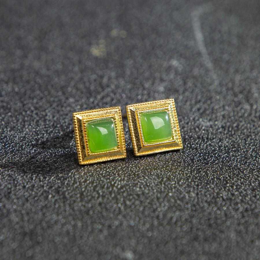 

TIMESWIND Simple S925 Silver Natural Green Jade Square Earrings for Women with Certificate