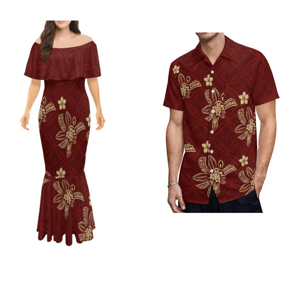 Hawaiian Dress Ruffled One-Shoulder Dress High Quality Custom Couple Dress Men's Shirt Party Dress Printed Polynesia