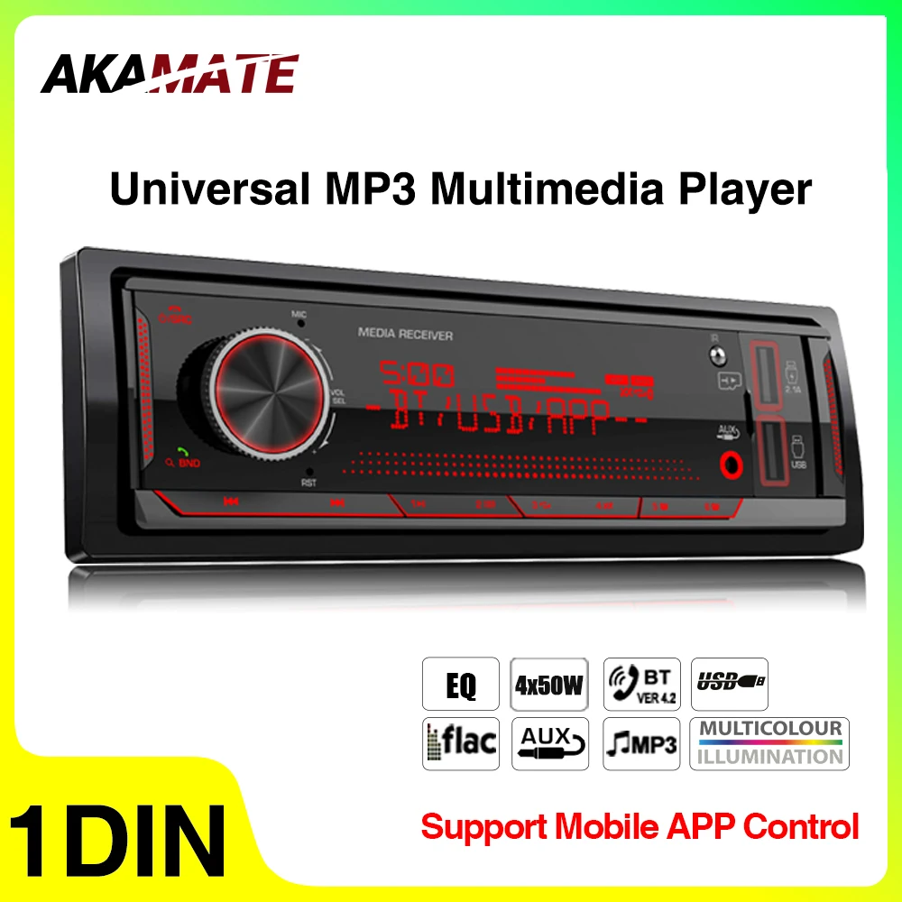 AKAMATE 1Din Car Radio MP3 Player Audio Multimedia FM Radio Bluetooth EQ Tuner with LCD Displays Support AUX USB TF Card