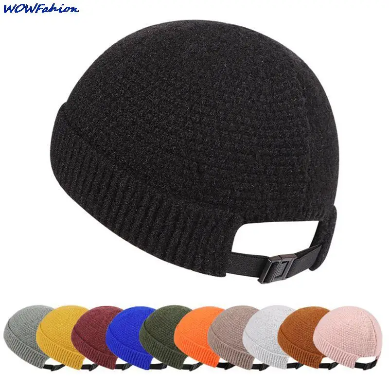 Solid Color Knitted Wool Beanie Hats Docker Men Women Spring Autumn Landlord Adjustable Hat Streetwear Hip Hop Brimless Cap