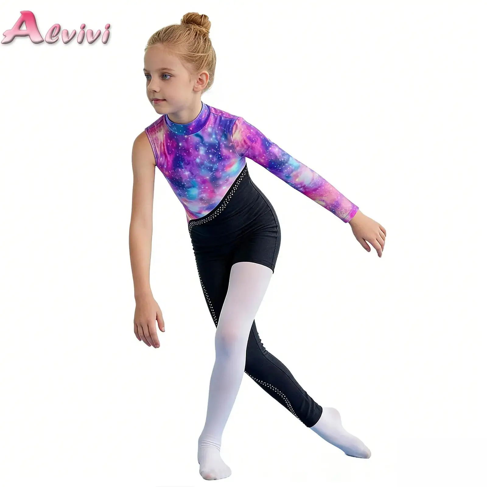 

Kids Girls Gymnastics Jumpsuit Sparkly Rhinestone Asymmetry Printed Full Length Figure Skating Bodysuit Catsuit Ballet Leotard