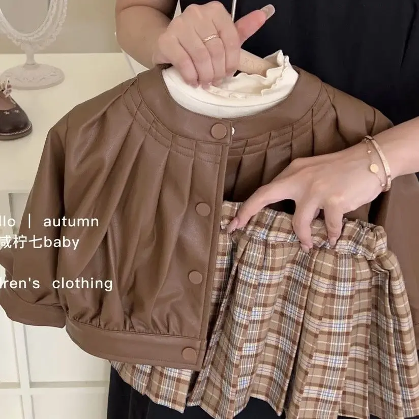 Baby Girls Sets Fashion Leather Jacket Base Shirts Sweet Pleated Skirt  2024 Autumn New Korean Style Childrens Three Piece Sets