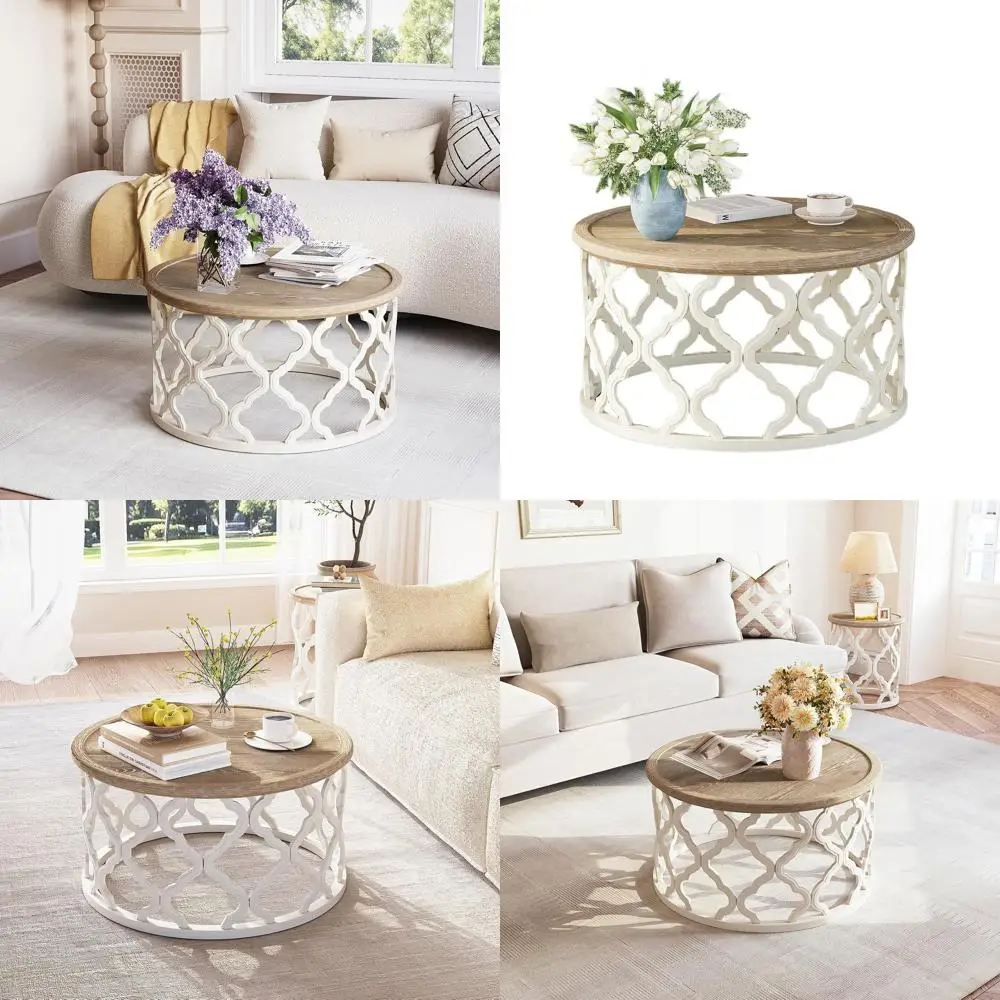 طاولة قهوة مستديرة على الطراز الريفي الفرنسي مع قاعدة إطار منحنية لمساحات بوهو المعيشة وتناول الطعام