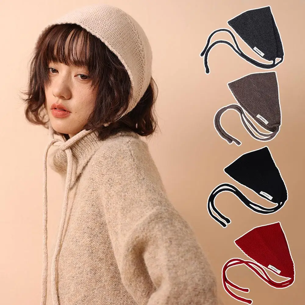 

Pure Wool Knitting Headscarf with Tie Women Ear Protection Small Scarf Lace-up Wool Half Hat Cable Sweet Cute Knit Ear Covers