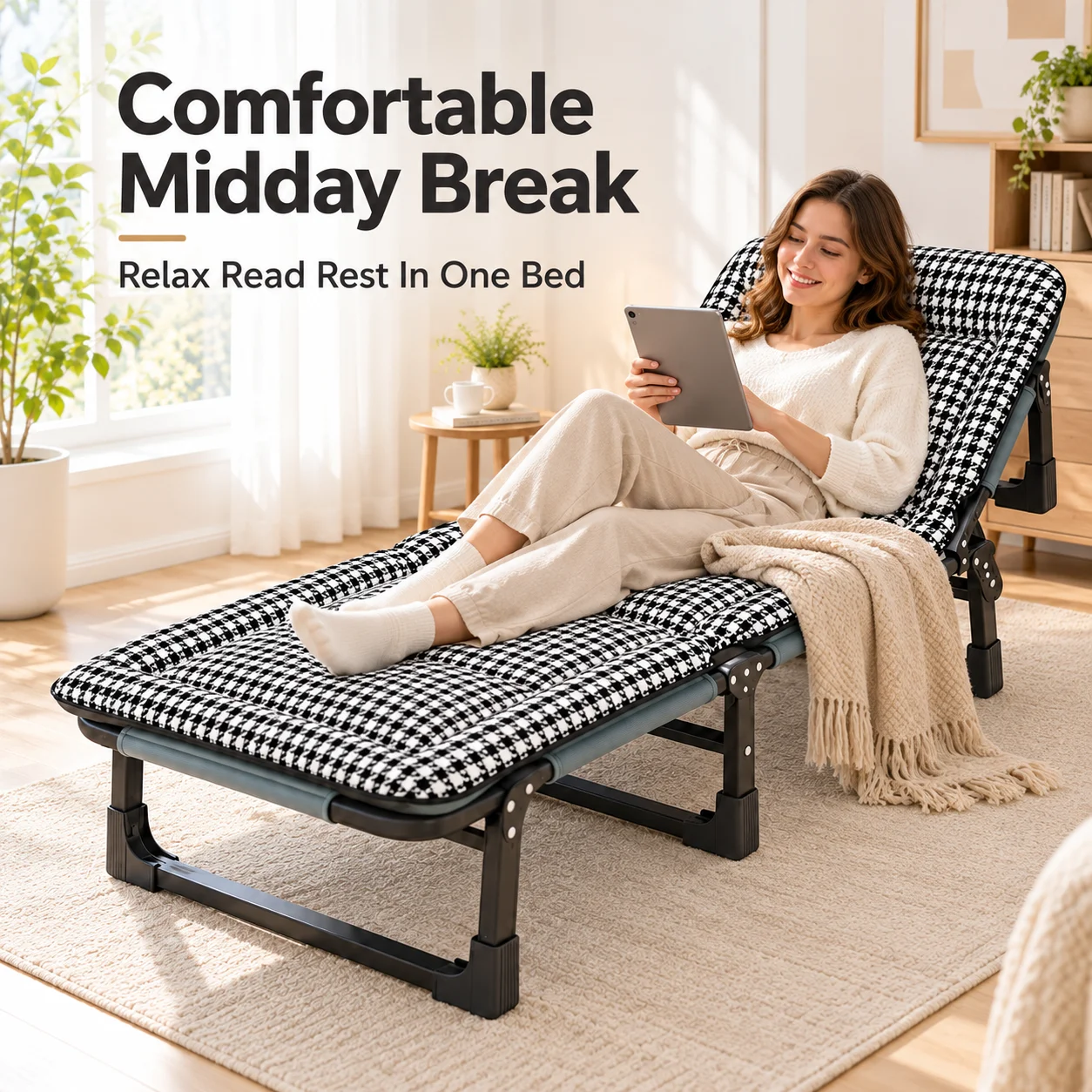 AOLIVIYA Folding Bed For Adults Portable Cot With Mattress Adjustable Reclining Lounge Chair Guest Bed For Office Naps