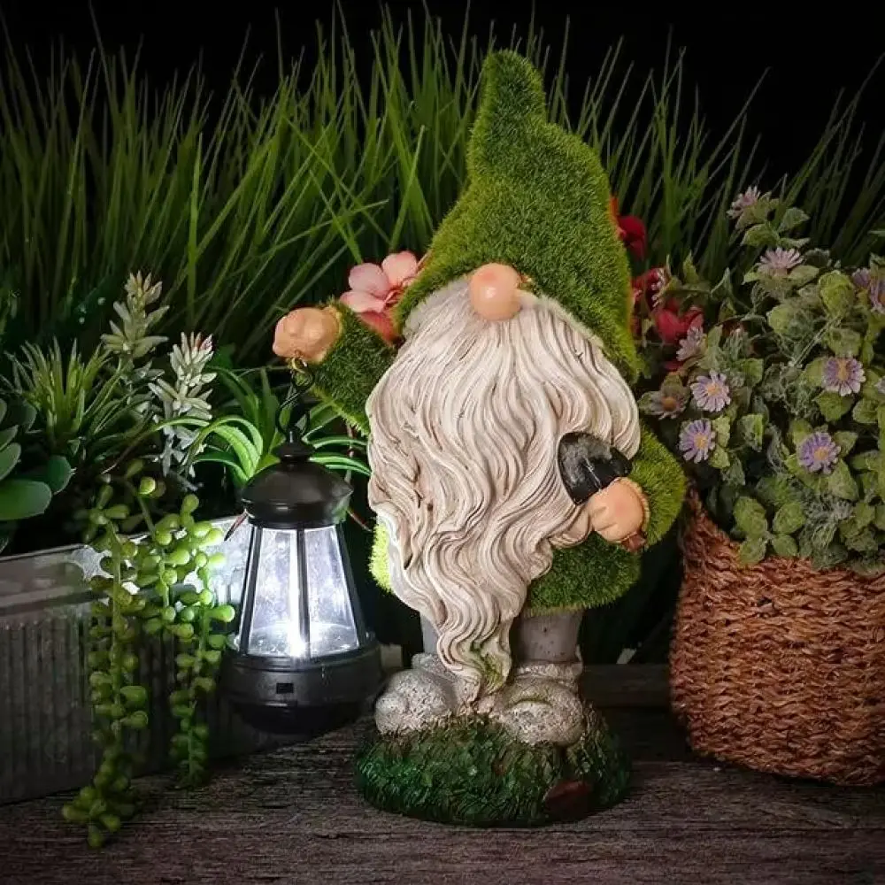 Outdoor Garden Gnome Solar Decorative Light Resin Flocked Craft Statue Waterproof Lawn Ornament Patio Backyard Landscape