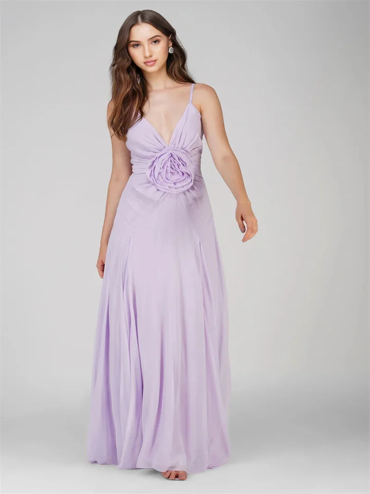 Customized Gentle Rose Corsage Sleeveless Dress Deep V-neck With Rose Corsage In The Center Pleated Skirt A-line Evening Gown