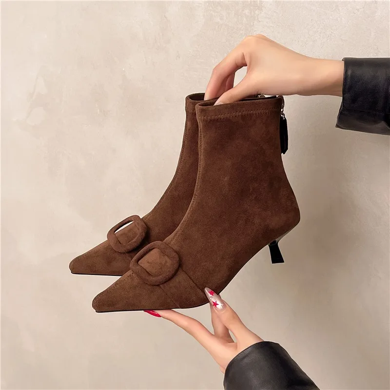 

Модные одинарные ботинки, осенние новые замшевые ботинки с острым носком и молнией сзади, противоскользящие износостойкие ботинки