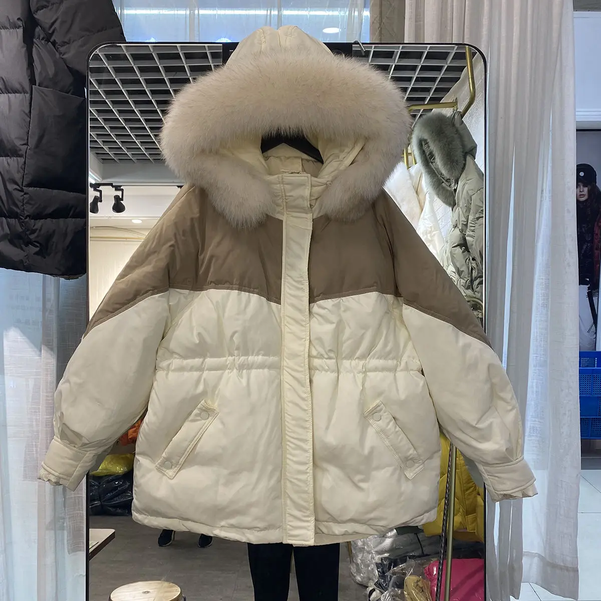 

plus Size Women's Cotton Jacket Autumn Fashionable Hooded Waist-Cinching Color Block Midi Length Zipper Closure Korean S...