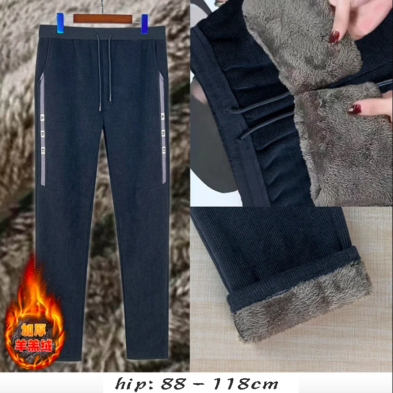 

High quality winter warm pant for women plus size velvet lining elastic waist new 2023 slim plush casual trousers - black