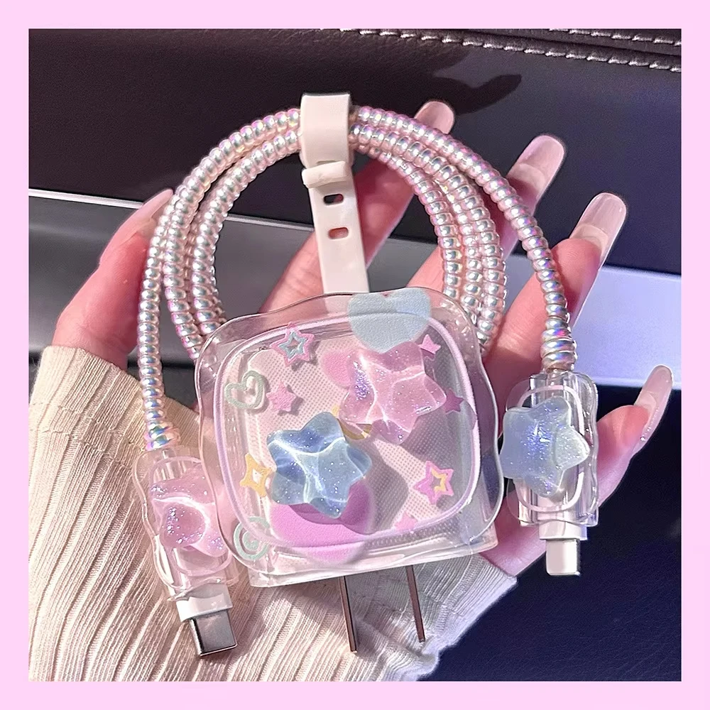 Cute 3D Star Flowers Charger Adapter USB Protector Cover For iPhone 18W/20W Data Line Head Cord Fast Charging Protective Case
