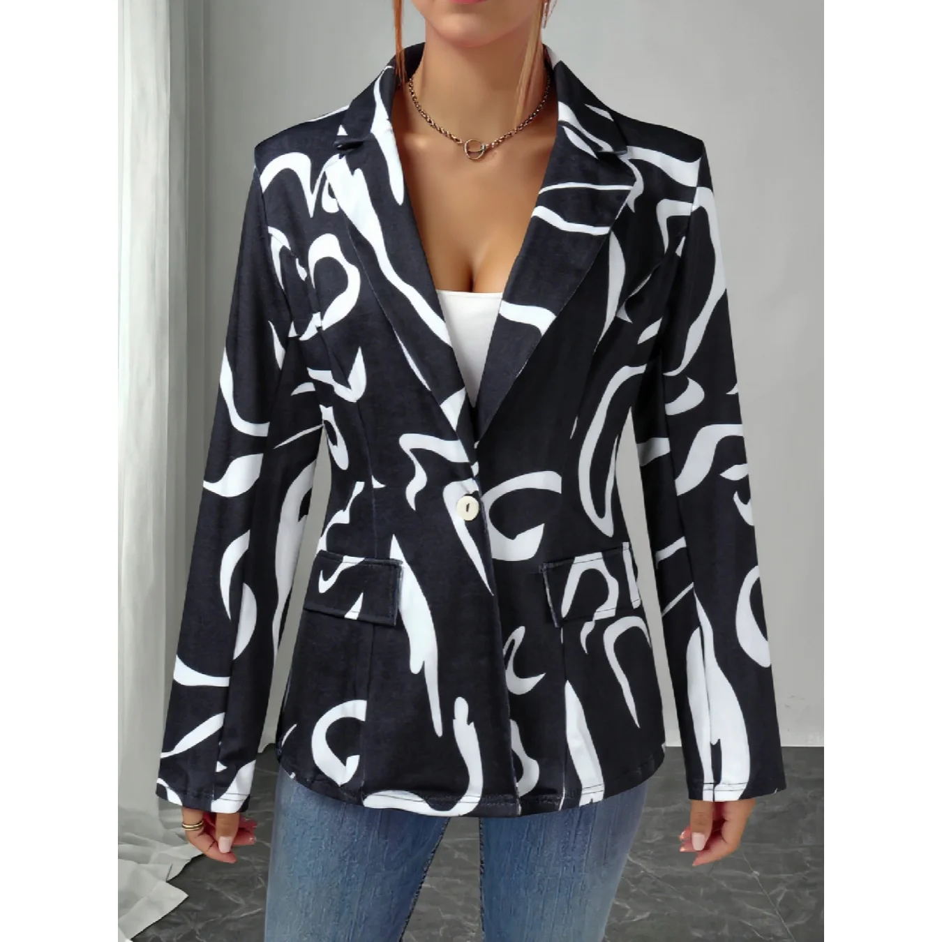 

Осень/зима 202, новый женский элегантный отпускной пиджак: черно-белый абстрактный художественный принт, свободный крой, универсальный шикарный тонкий топ в стиле ретро
