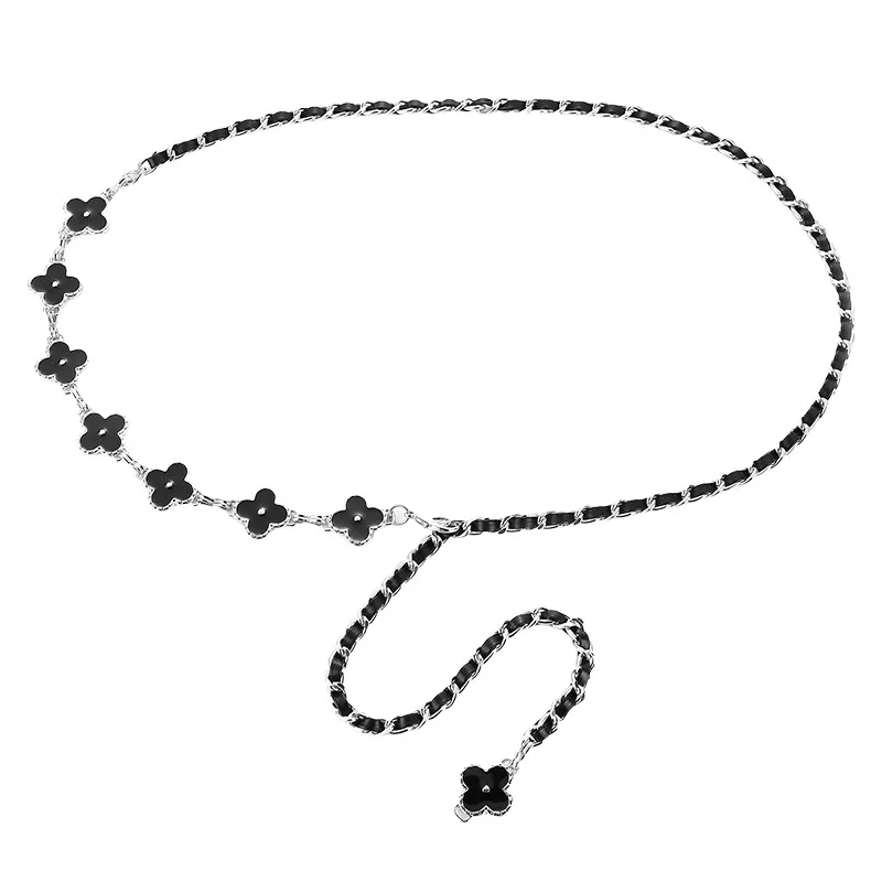 Accessori decorativi per guarnizioni in vita con cintura decorativa per gonna a catena in metallo bifacciale in bianco e nero con quadrifoglio