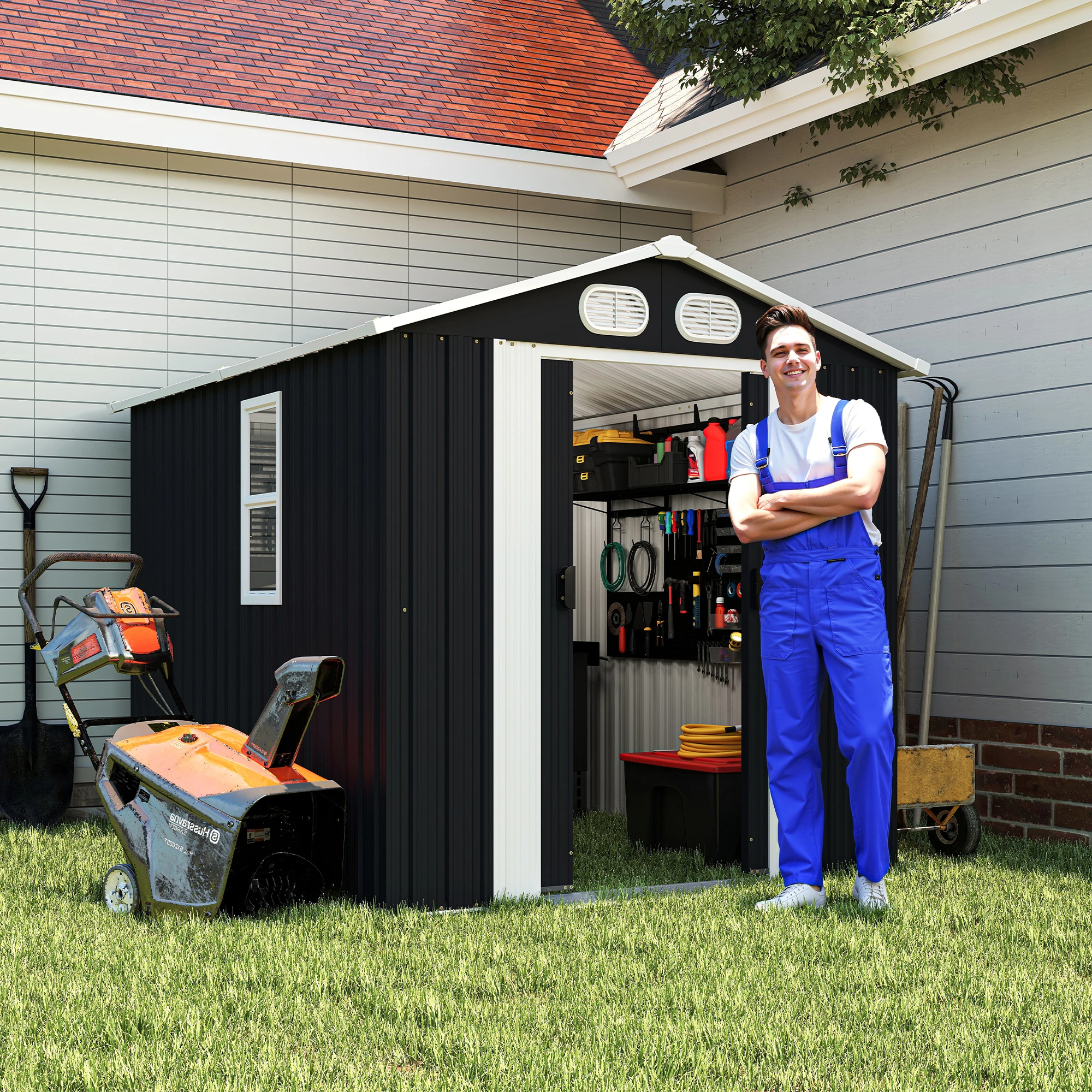 Campcraft 8x6 FT Outdoor Metal Storage Shed, Waterproof & UV Resistant Tool Shed with Lockable Doors & Air Vents, Sturdy Garden Utility Shed for Backyard Patio, Dark Gray