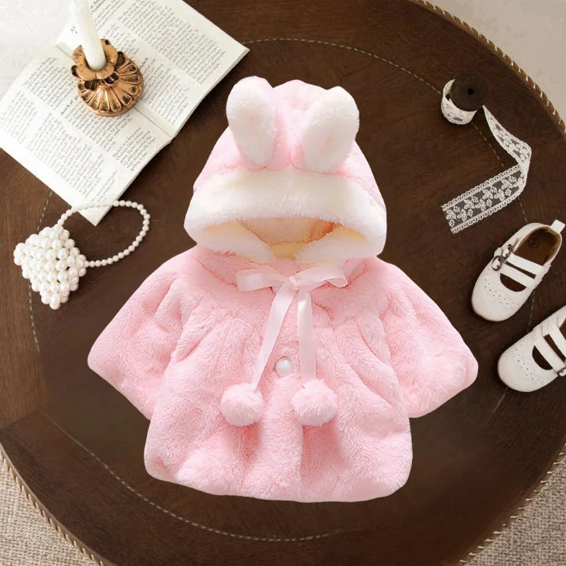 Baby Winter Clothes Solid Color Hooded Warm Girls Outerwear  Cute Ears Baby Clothes Newborn Girls Clothes