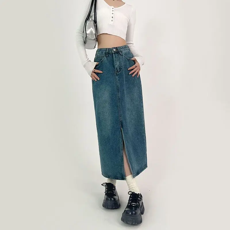 Slit A-line Denim Skirt for Women Spring Autumn High-waisted Jeans Skirt Light Blue Casual Vintage Y2k Fashion Clothing