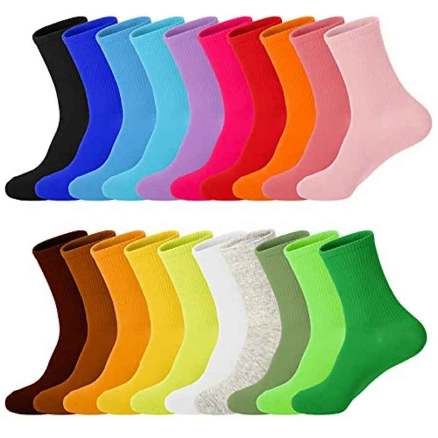 

20 Pairs Womens Socks, Solid Color Crew Socks Colorful Lightweight Cotton Athletic Socks