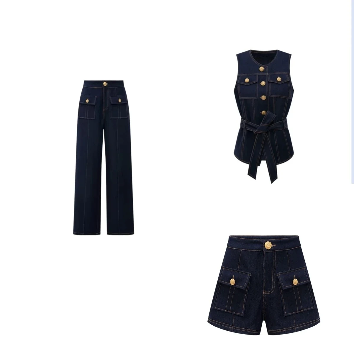 Y2K 2026 new retro jeans vest shorts and trousers topstitched gold buckle belt vest straight pants suit